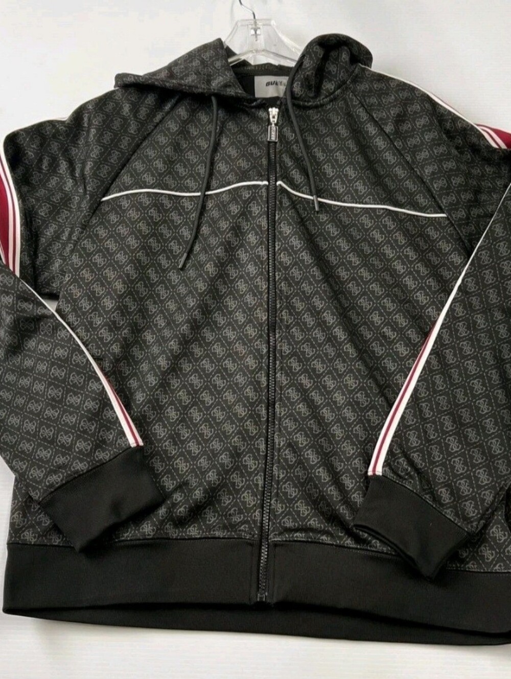 Guess Men's Black Monogram Zip Hoodie with Burgundy Stripe Size M - Picture 2 of 7